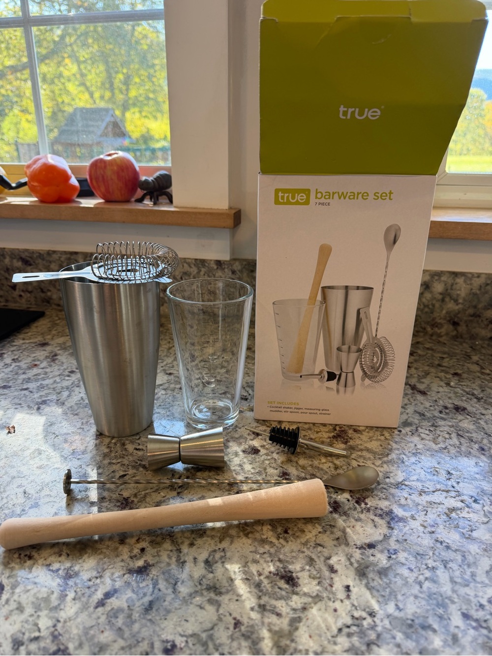NEW 7 Piece Barware Set — Silver Stainless & Natural Wood